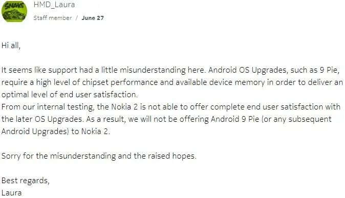 Nokia 2 ne sera pas mis à jour avec Android Pie