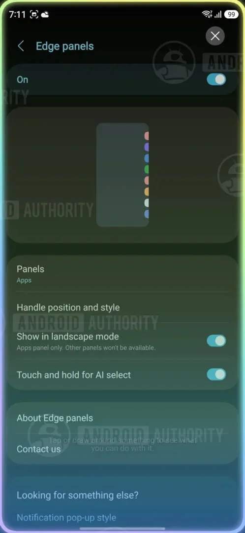 تنزيل الإصدار التجريبي 6 من Samsung One UI 9 (يسار)، خيار لوحة Edge الجديدة (يمين)