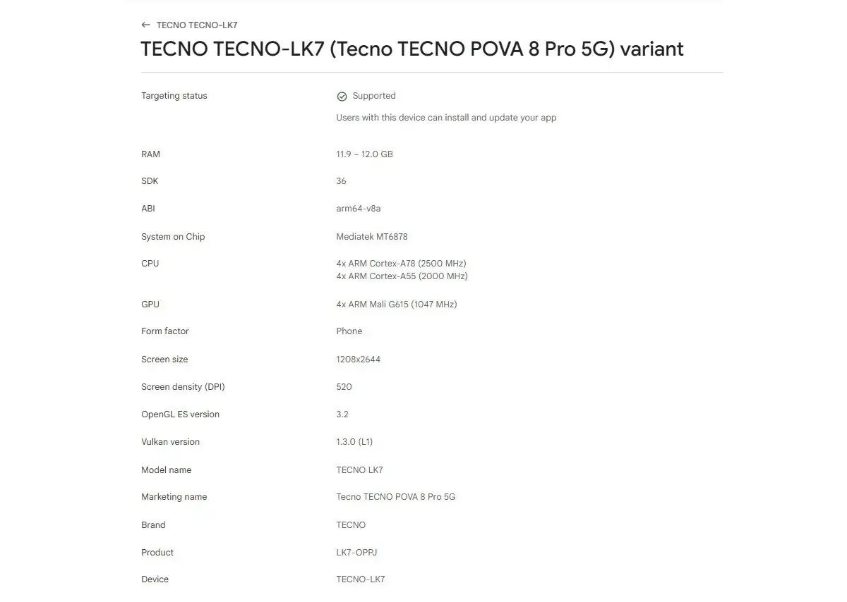 Tecno Pova 8 Pro 5G 出现在 Google Play 控制台中,如下所示 Tecno Pova 8 Pro 5G 出现在 Google Play 控制台中,如下所示