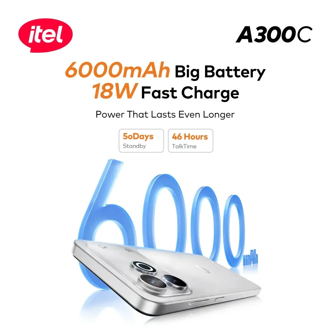 itel A300C, 18W şarjlı 6.000mAh bataryaya sahip
