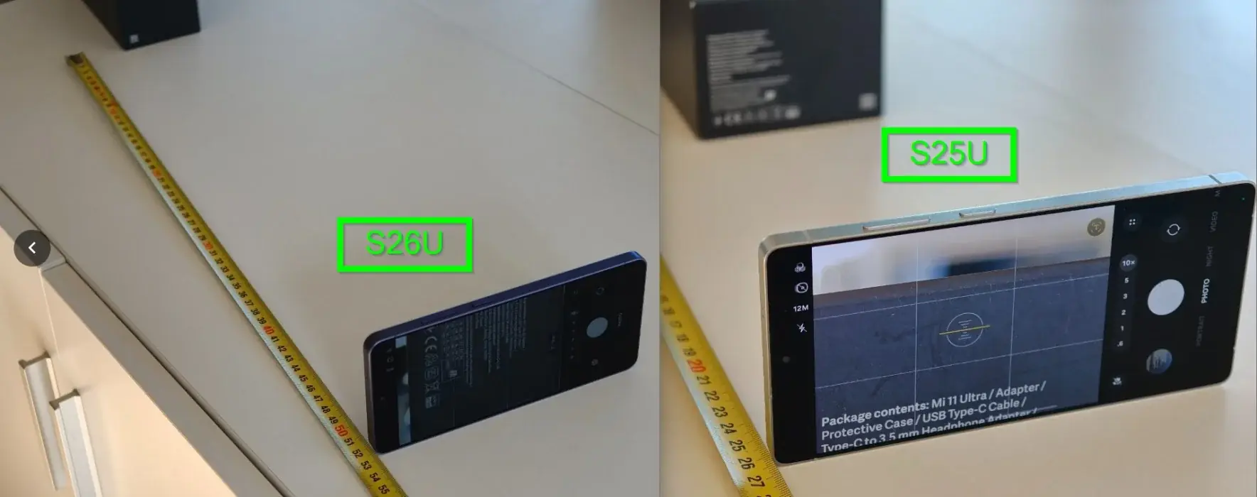 Измерение минимального фокусного расстояния камер S26 Ultra и 5-кратных камер S25 Ultra