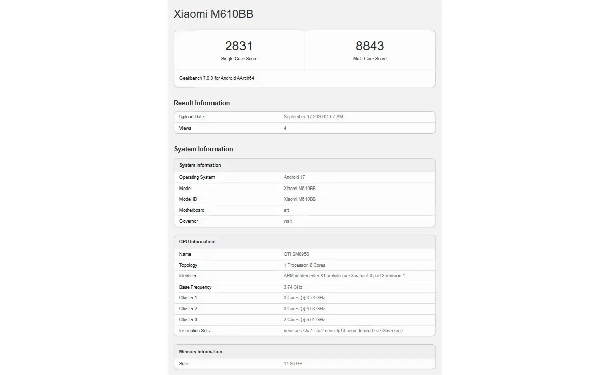 Теперь настала очередь Xiaomi 18 Pro Max появиться в Geekbench.
