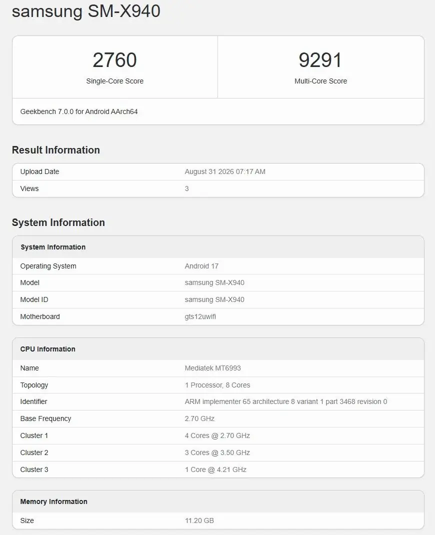 نتائج Geekbench 7 لجهاز Samsung Galaxy Tab S12 Ultra (SM-X940)