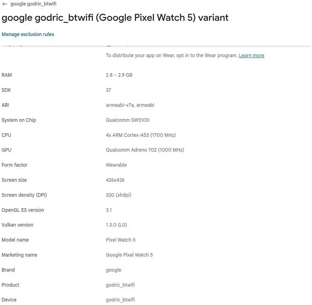 Eintrag in der Google Play Console der Google Pixel Watch 5