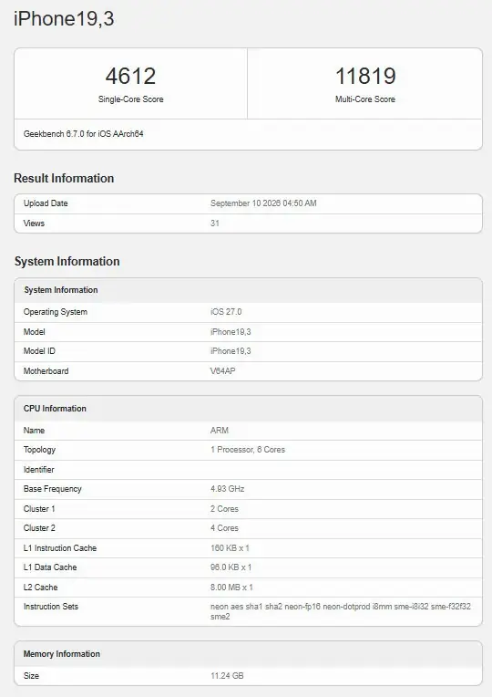 iPhone 18 Pro e iPhone 18 Pro Max no Geekbench