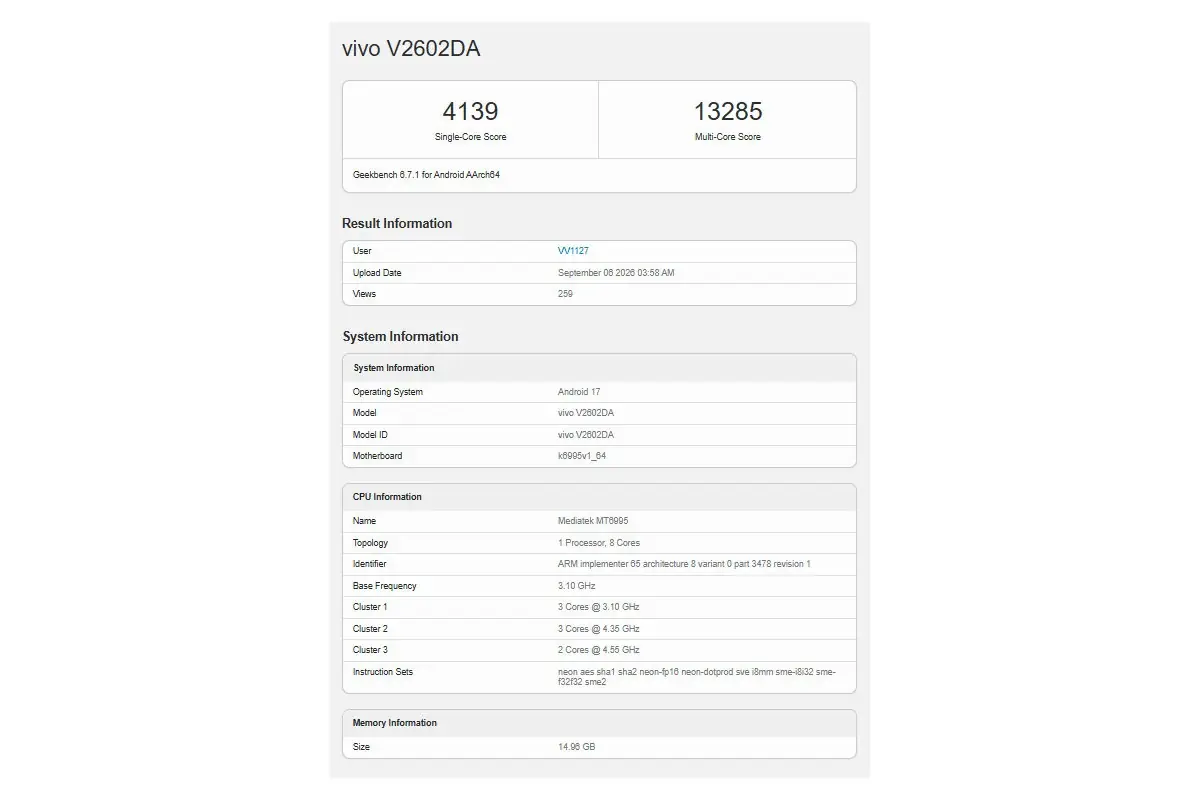 Geekbench 上的联发科天玑 9600 Geekbench 上的联发科天玑 9600
