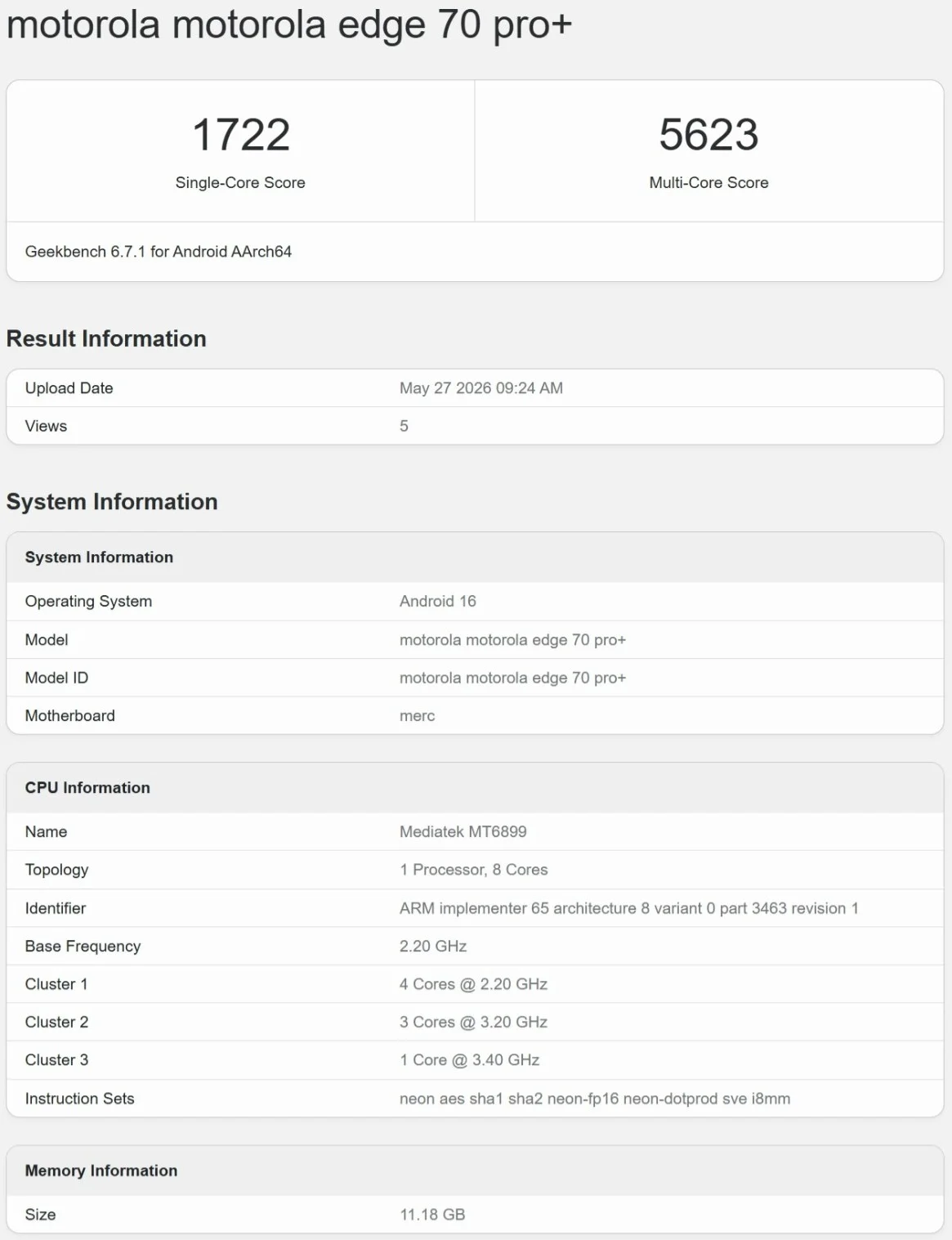 Motorola Edge 70 Pro+ w Geekbench