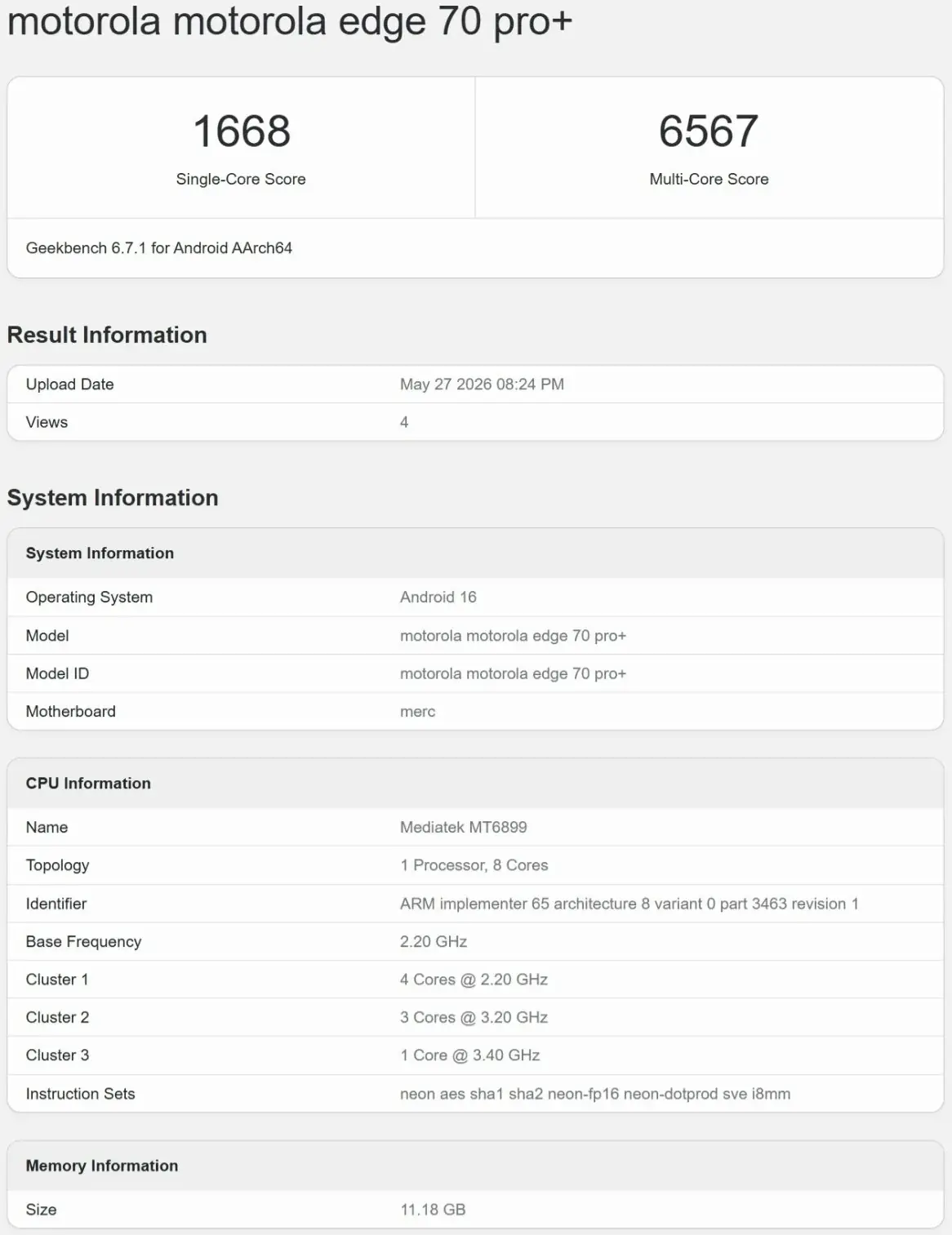 Motorola Edge 70 Pro+ w Geekbench