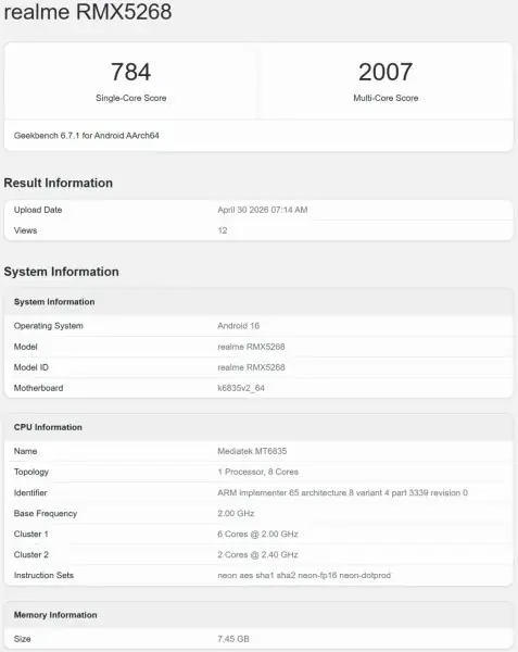 Предполагаемый Realme 16T появляется на Geekbench с ключевыми характеристиками Предполагаемый Realme 16T появляется на Geekbench с ключевыми характеристиками