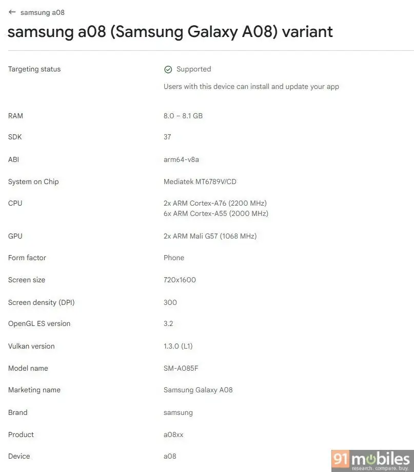 Immagine e specifiche del Samsung Galaxy A08 da Google Play Console