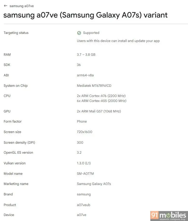 Samsung Galaxy A07'nin Google Play Console'daki görüntüsü ve özellikleri