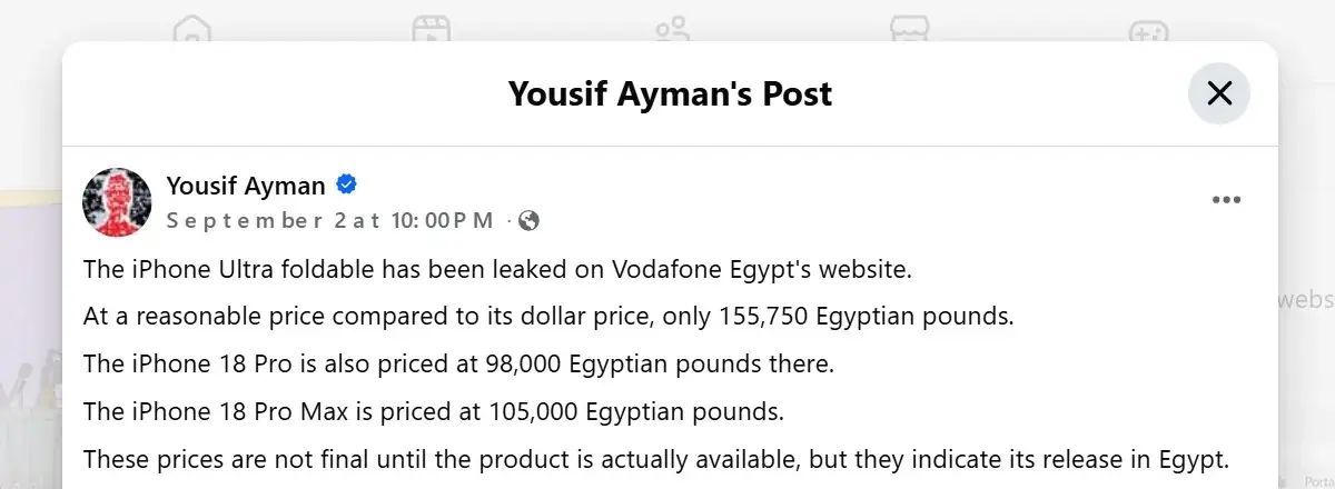 Publicación de Yousif Ayman sobre los precios del iPhone 18 Pro y iPhone Ultra (traducción automática) Publicación de Yousif Ayman sobre los precios del iPhone 18 Pro y iPhone Ultra (traducción automática)