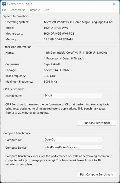 Geekbench 5의 Honor MagicBook View 14