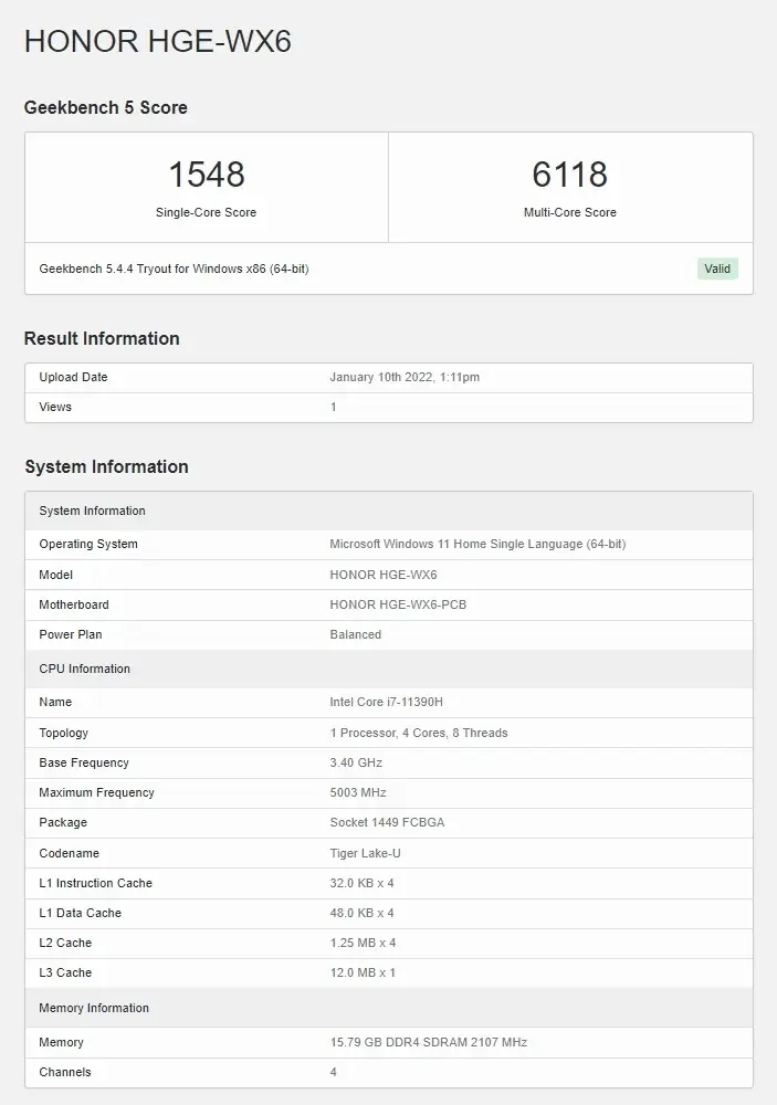 Geekbench 5의 Honor MagicBook View 14