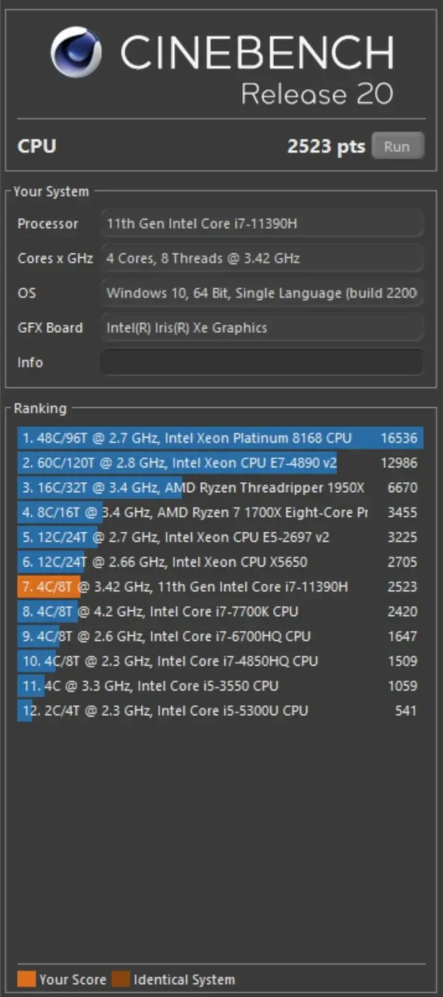 Cinebench R20 및 CrystalDiskMark 점수