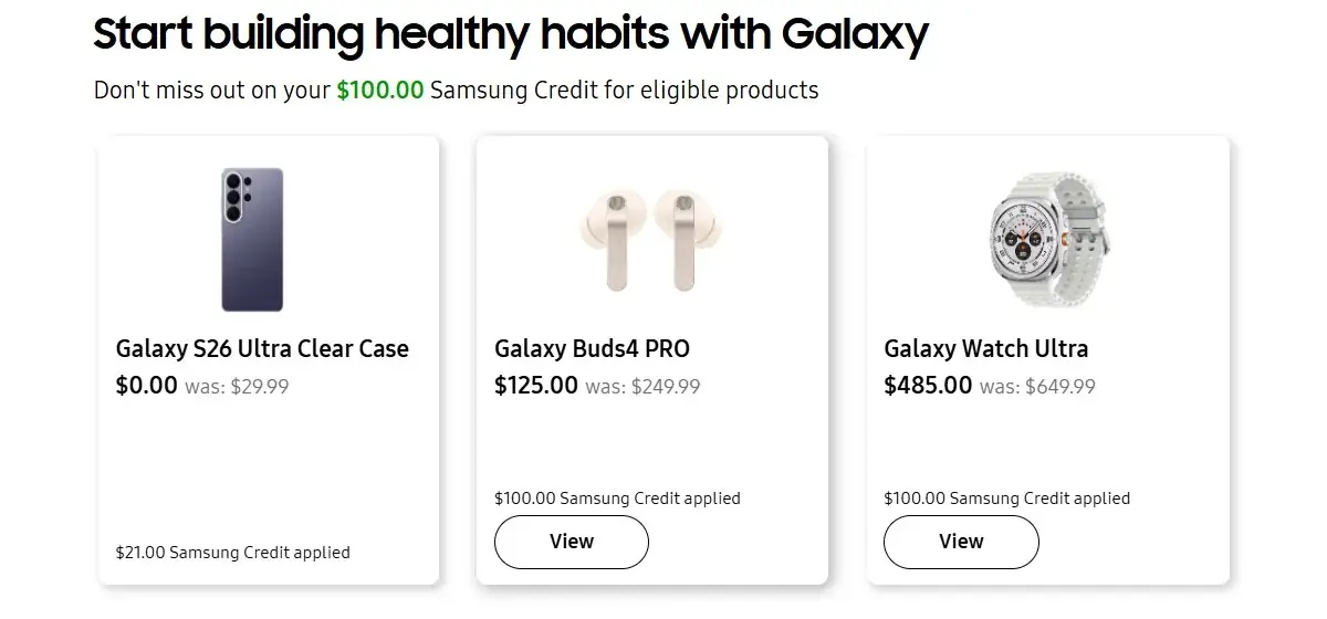 Du kan bruke $100 Samsung Credit for å redusere prisen på tilbehør Du kan bruke $100 Samsung Credit for å redusere prisen på tilbehør